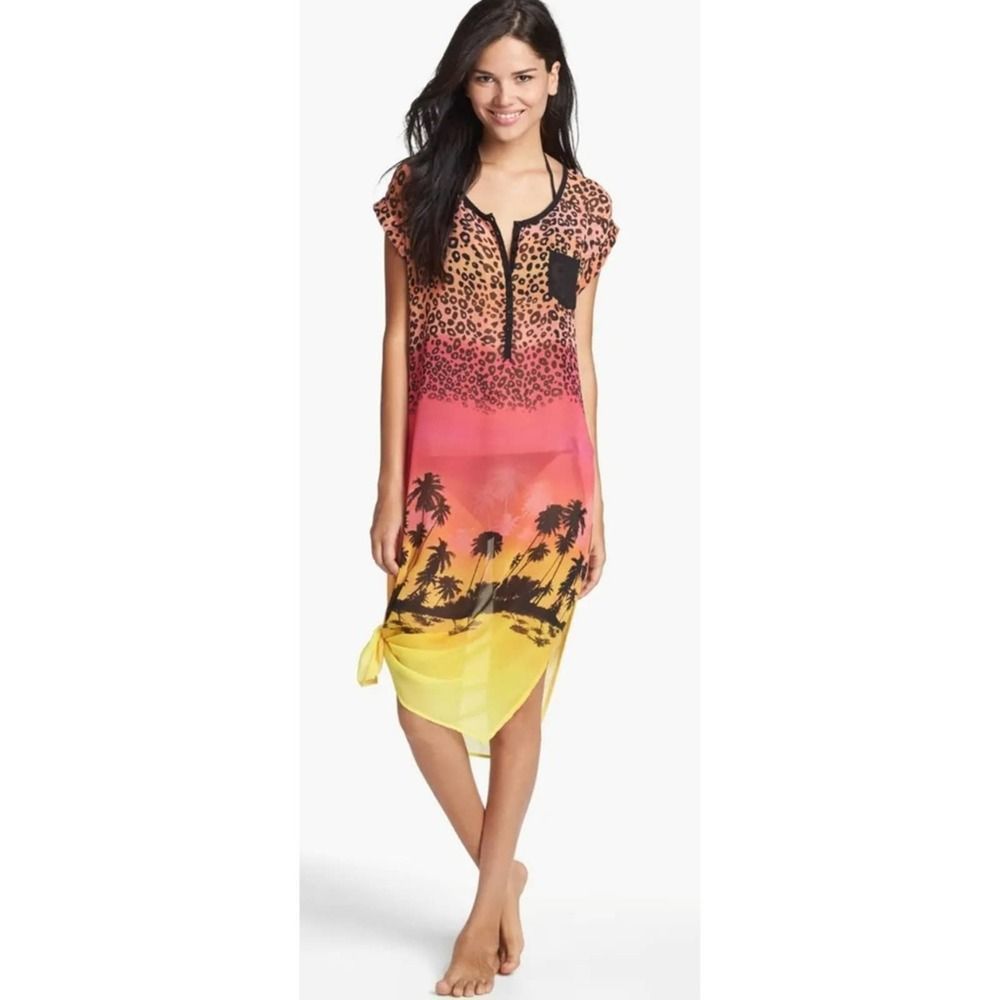 Kensie 'Neon Tide' Sheer Swimsuit Cover Up T-Shirt Dress Pink M